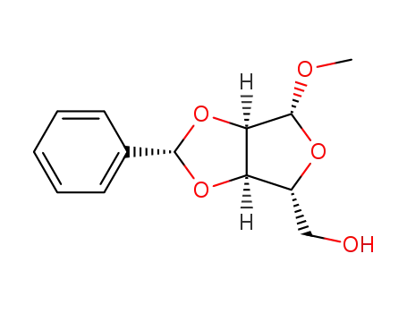 Molecular Structure of 66101-38-0 (methyl-(<i>O</i><sup>2</sup>,<i>O</i><sup>3</sup>-((<i>S</i>)-benzylidene]-β-D-ribofuranoside))
