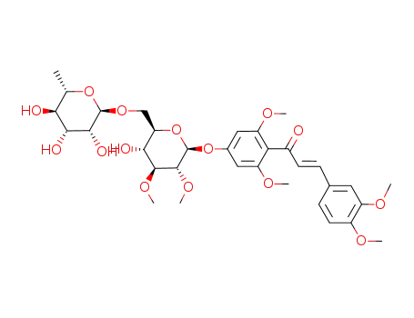 Molecular Structure of 119926-08-8 (3,4,2',6'-tetramethoxy-4'-(<i>O</i><sup>2</sup>,<i>O</i><sup>3</sup>-dimethyl-<i>O</i><sup>6</sup>-α-L-rhamnopyranosyl-β-D-glucopyranosyloxy)<i>trans</i>-chalcone)
