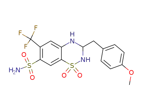 Molecular Structure of 1895-56-3 (3-(4-methoxy-benzyl)-1,1-dioxo-6-trifluoromethyl-1,2,3,4-tetrahydro-1λ<sup>6</sup>-benzo[1,2,4]thiadiazine-7-sulfonic acid amide)
