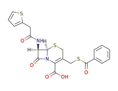 Molecular Structure of 862-61-3 ((6<i>R</i>)-3-benzoylsulfanylmethyl-8-oxo-7<i>t</i>-(2-thiophen-2-yl-acetylamino)-(6<i>r</i><i>H</i>)-5-thia-1-aza-bicyclo[4.2.0]oct-2-ene-2-carboxylic acid)