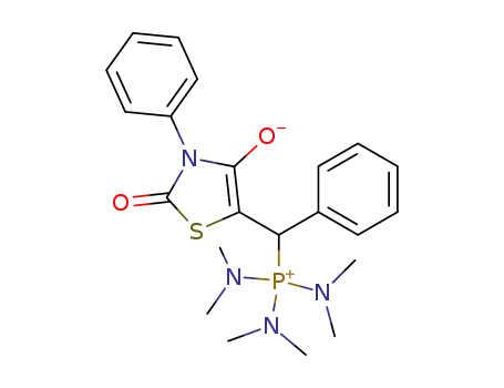 Molecular Structure of 57389-77-2 (tris-dimethylamino-[(2,4-dioxo-3-phenyl-thiazolidin-5-yl)-phenyl-methyl]-phosphonium betaine)
