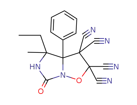 Molecular Structure of 66517-72-4 (Imidazo[1,5-b]isoxazole-2,2,3,3-tetracarbonitrile,
4-ethyltetrahydro-4-methyl-6-oxo-3a-phenyl-)