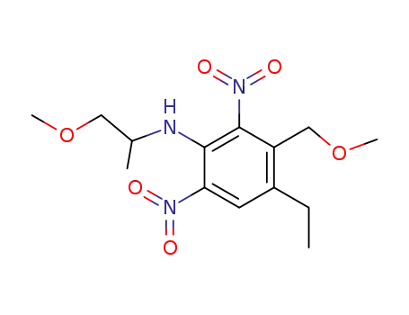 Molecular Structure of 64122-71-0 (Benzenamine,
4-ethyl-3-(methoxymethyl)-N-(2-methoxy-1-methylethyl)-2,6-dinitro-)