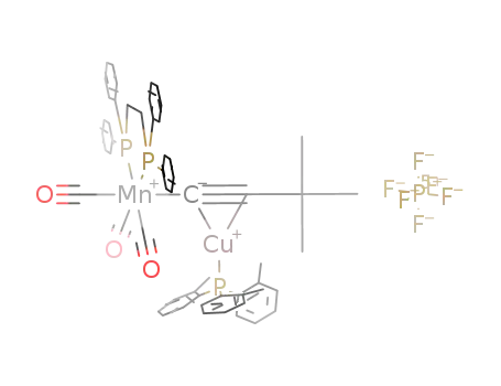 [(CO)3(((C<sub>6</sub>H<sub>5</sub>)2PCH<sub>2</sub>)2)Mn(CCC(CH<sub>3</sub>)3)]Cu[P(C<sub>6</sub>H<sub>4</sub>CH<sub>3</sub>)3]<sup>(1+)</sup>*PF<sub>6</sub><sup>(1-)</sup>=[((CO)3(((C<sub>6</sub>H<sub>5</sub>)2PCH<sub>2</sub>)2)Mn(C<sub>6</sub>H<sub>9</sub>))Cu(PC<sub>21</sub>H<sub>21</sub>)]PF<sub>6</sub>