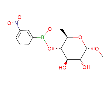 Molecular Structure of 109097-21-4 (methyl <i>O</i><sup>4</sup>,<i>O</i><sup>6</sup>-(3-nitro-phenylboranediyl)-α-<i>D</i>-glucopyranoside)