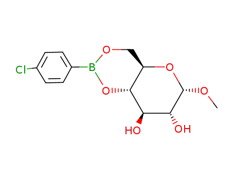 Molecular Structure of 109097-22-5 (methyl <i>O</i><sup>4</sup>,<i>O</i><sup>6</sup>-(4-chloro-phenylboranediyl)-α-<i>D</i>-glucopyranoside)