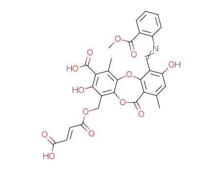 Molecular Structure of 124422-39-5 (9-(3<i>t</i>-carboxy-acryloyloximethyl)-3,8-dihydroxy-4-[(2-methoxycarbonyl-phenylimino)-methyl]-1,6-dimethyl-11-oxo-11<i>H</i>-dibenzo[<i>b,e</i>][1,4]dioxepin-7-carboxylic acid)