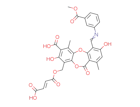 Molecular Structure of 120771-83-7 (9-(3<i>t</i>-carboxy-acryloyloximethyl)-3,8-dihydroxy-4-[(3-methoxycarbonyl-phenylimino)-methyl]-1,6-dimethyl-11-oxo-11<i>H</i>-dibenzo[<i>b,e</i>][1,4]dioxepin-7-carboxylic acid)