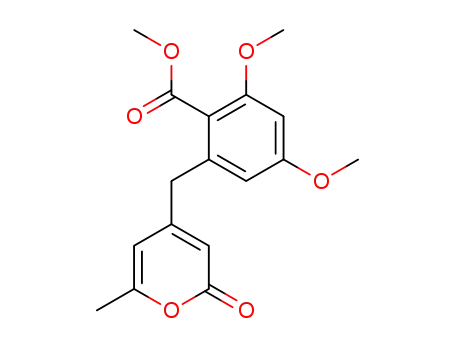 Molecular Structure of 71602-62-5 (Benzoic acid, 2,4-dimethoxy-6-[(6-methyl-2-oxo-2H-pyran-4-yl)methyl]-,
methyl ester)