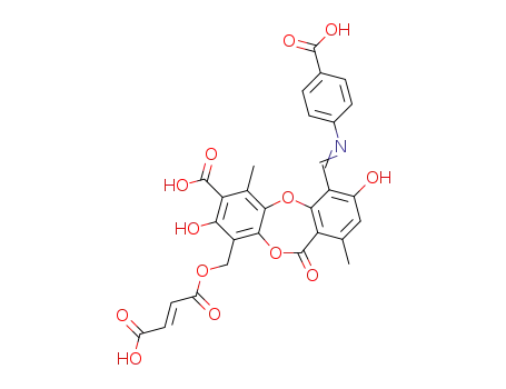 9-(3<i>t</i>-carboxy-acryloyloximethyl)-4-[(4-carboxy-phenylimino)-methyl]-3,8-dihydroxy-1,6-dimethyl-11-oxo-11<i>H</i>-dibenzo[<i>b,e</i>][1,4]dioxepin-7-carboxylic acid
