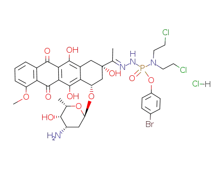 Molecular Structure of 104699-78-7 (Phosphoramidohydrazidicacid, 2-[1-[4-[(3-amino-2,3,6-trideoxy-a-L-lyxo-hexopyranosyl)oxy]-1,2,3,4,6,11-hexahydro-2,5,12-trihydroxy-7-methoxy-6,11-dioxo-2-naphthacenyl]ethylidene]-N,N-bis(2-chloroethyl)-,4-bromophenyl ester, monohydrochloride, (2S-cis)- (9CI))