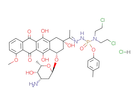Molecular Structure of 104699-79-8 (Phosphoramidohydrazidicacid, 2-[1-[4-[(3-amino-2,3,6-trideoxy-a-L-lyxo-hexopyranosyl)oxy]-1,2,3,4,6,11-hexahydro-2,5,12-trihydroxy-7-methoxy-6,11-dioxo-2-naphthacenyl]ethylidene]-N,N-bis(2-chloroethyl)-,4-methylphenyl ester, monohydrochloride, (2S-cis)- (9CI))