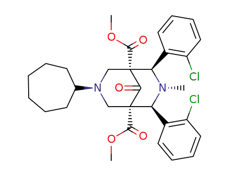 Molecular Structure of 97564-86-8 ((1S,2R,3S,4S,5R,7R)-2,4-Bis-(2-chloro-phenyl)-7-cycloheptyl-3-methyl-9-oxo-3,7-diaza-bicyclo[3.3.1]nonane-1,5-dicarboxylic acid dimethyl ester)