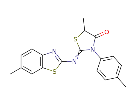 Molecular Structure of 63205-34-5 (4-Thiazolidinone,
5-methyl-2-[(6-methyl-2-benzothiazolyl)imino]-3-(4-methylphenyl)-)