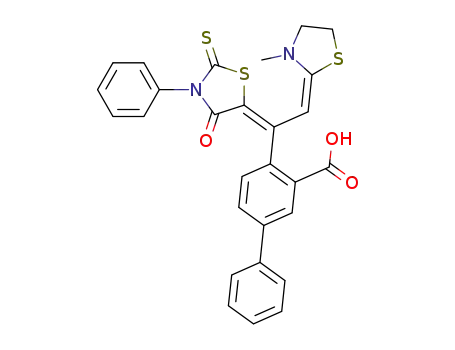 Molecular Structure of 115001-25-7 (4-[2-(3-methyl-thiazolidin-2-yliden)-1-(4-oxo-3-phenyl-2-thioxo-thiazolidin-5-yliden)-ethyl]-biphenyl-3-carboxylic acid)