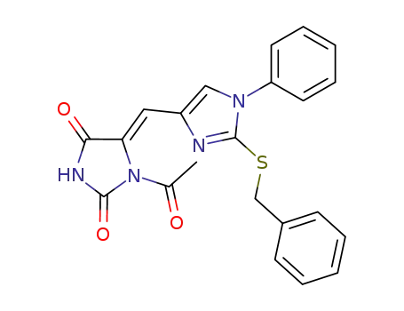 Molecular Structure of 103640-95-5 (1-acetyl-5-(2-benzylmercapto-1-phenyl-1<i>H</i>-imidazol-4-ylmethylene)-imidazolidine-2,4-dione)
