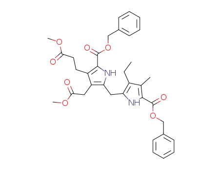 Molecular Structure of 160114-50-1 (1H-Pyrrole-3-propanoic acid,
5-[[3-ethyl-4-methyl-5-[(phenylmethoxy)carbonyl]-1H-pyrrol-2-yl]methyl]-4
-(2-methoxy-2-oxoethyl)-2-[(phenylmethoxy)carbonyl]-, methyl ester)