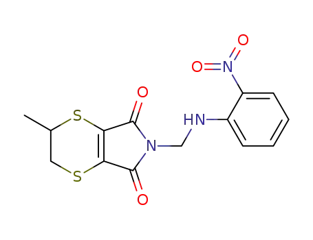 Molecular Structure of 62582-50-7 (5H-1,4-Dithiino[2,3-c]pyrrole-5,7(6H)-dione,
2,3-dihydro-2-methyl-6-[[(2-nitrophenyl)amino]methyl]-)