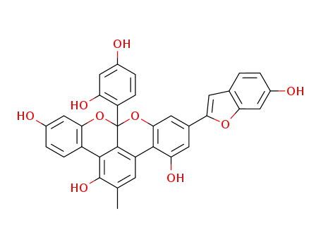 Molecular Structure of 101365-02-0 (8aH-Benzo[3,4][2]benzopyrano[1,8-bc][1]benzopyran-1,4,11-triol,8a-(2,4-dihydroxyphenyl)-6-(6-hydroxy-2-benzofuranyl)-2-methyl-, (+)- (9CI))