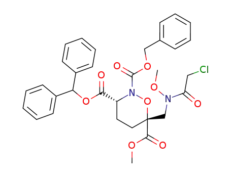 benzhydryl (3S*,6S*)-2-benzyloxycarbonyl-6-<<N-(chloroacetyl)-N-methoxyamino>methyl>-6-methoxycarbonylperhydro-1,2-oxazine-3-carboxylate