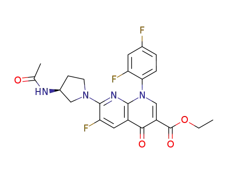 Molecular Structure of 114636-32-7 (7-((S)-3-Acetylamino-pyrrolidin-1-yl)-1-(2,4-difluoro-phenyl)-6-fluoro-4-oxo-1,4-dihydro-[1,8]naphthyridine-3-carboxylic acid ethyl ester)