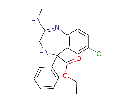 Molecular Structure of 117205-75-1 (7-Chloro-2-methylamino-5-phenyl-4,5-dihydro-3H-benzo[e][1,4]diazepine-5-carboxylic acid ethyl ester)