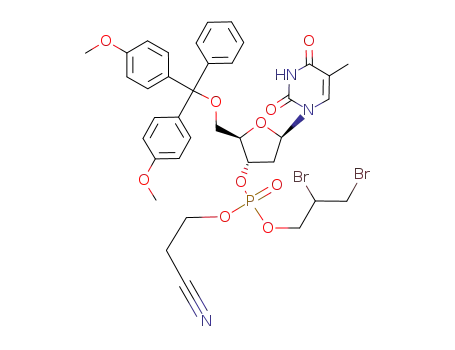 Molecular Structure of 76746-53-7 (Phosphoric acid (2R,3S,5R)-2-[bis-(4-methoxy-phenyl)-phenyl-methoxymethyl]-5-(5-methyl-2,4-dioxo-3,4-dihydro-2H-pyrimidin-1-yl)-tetrahydro-furan-3-yl ester 2-cyano-ethyl ester 2,3-dibromo-propyl ester)