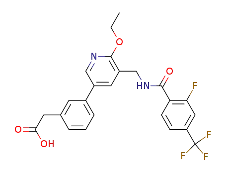 Molecular Structure of 478372-76-8 (2-[3-(5-[(2-Fluoro-4-trifluoromethylbenzoyl)-amino]methyl-6-ethoxy-pyridin-3-yl)phenyl]acetic acid)