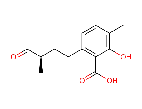 Molecular Structure of 73657-54-2 (2-Hydroxy-3-methyl-6-((R)-3-methyl-4-oxo-butyl)-benzoic acid)