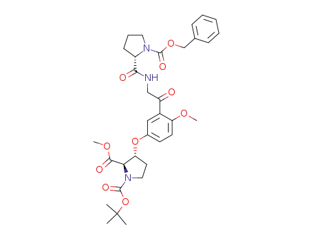 Molecular Structure of 79816-26-5 ((2R,3R)-3-(3-{2-[((S)-1-Benzyloxycarbonyl-pyrrolidine-2-carbonyl)-amino]-acetyl}-4-methoxy-phenoxy)-pyrrolidine-1,2-dicarboxylic acid 1-tert-butyl ester 2-methyl ester)