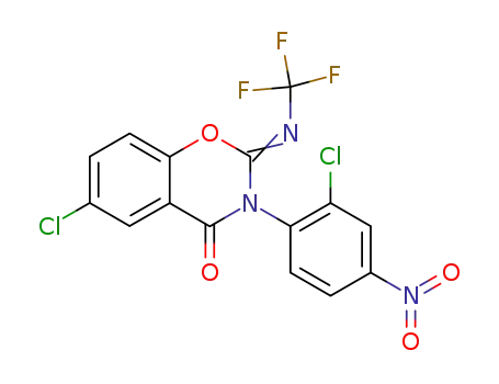 Molecular Structure of 50736-78-2 (6-chloro-3-(2-chloro-4-nitro-phenyl)-2-trifluoromethylimino-2,3-dihydro-benzo[<i>e</i>][1,3]oxazin-4-one)
