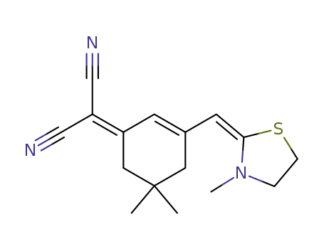 Molecular Structure of 61681-27-4 (Propanedinitrile,
[5,5-dimethyl-3-[(3-methyl-2-thiazolidinylidene)methyl]-2-cyclohexen-1-yl
idene]-)
