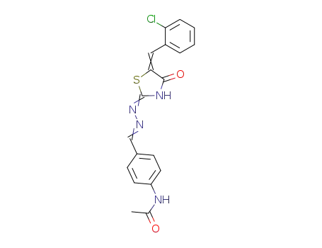 Molecular Structure of 111531-25-0 (acetic acid-({4-[5-(2-chloro-benzyliden)-4-oxo-thiazolidin-2-ylidenehydrazono]-methyl}-anilide))