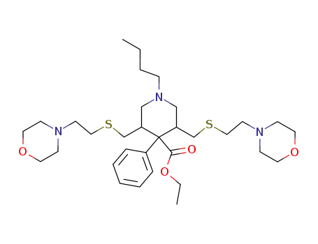 Molecular Structure of 70436-97-4 (1-butyl-3,5-bis-(2-morpholin-4-yl-ethylsulfanylmethyl)-4-phenyl-piperidine-4-carboxylic acid ethyl ester)