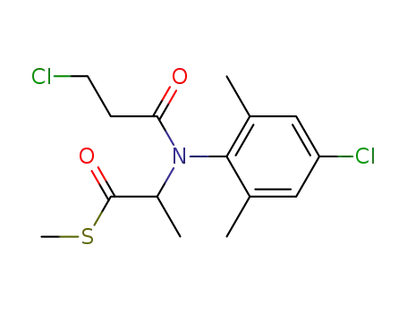 Molecular Structure of 63046-73-1 (Propanethioic acid,
2-[(4-chloro-2,6-dimethylphenyl)(3-chloro-1-oxopropyl)amino]-, S-methyl
ester)