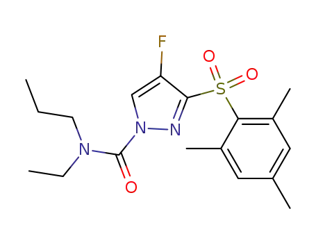 Molecular Structure of 143534-77-4 (1H-Pyrazole-1-carboxamide,
N-ethyl-4-fluoro-N-propyl-3-[(2,4,6-trimethylphenyl)sulfonyl]-)