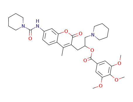 Molecular Structure of 62380-15-8 (Benzoic acid, 3,4,5-trimethoxy-,
1-[[4-methyl-2-oxo-7-[(1-piperidinylcarbonyl)amino]-2H-1-benzopyran-3
-yl]methyl]-2-(1-piperidinyl)ethyl ester)