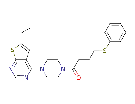 Molecular Structure of 502645-85-4 (Piperazine,
1-(6-ethylthieno[2,3-d]pyrimidin-4-yl)-4-[1-oxo-4-(phenylthio)butyl]-)