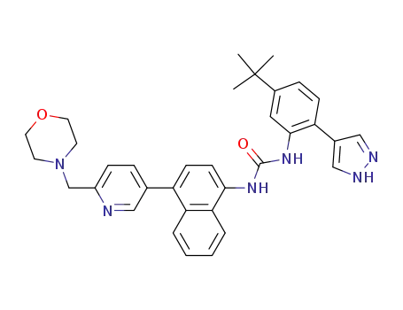 Molecular Structure of 294849-94-8 (Urea,
N-[5-(1,1-dimethylethyl)-2-(1H-pyrazol-4-yl)phenyl]-N'-[4-[6-(4-morpholin
ylmethyl)-3-pyridinyl]-1-naphthalenyl]-)