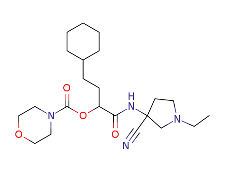 Molecular Structure of 478281-19-5 (4-Morpholinecarboxylic acid,
1-[[(3-cyano-1-ethyl-3-pyrrolidinyl)amino]carbonyl]-3-cyclohexylpropyl
ester)