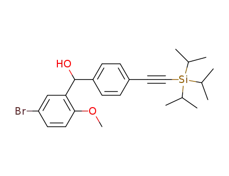 Molecular Structure of 864070-23-5 (Benzenemethanol,
5-bromo-2-methoxy-a-[4-[[tris(1-methylethyl)silyl]ethynyl]phenyl]-)