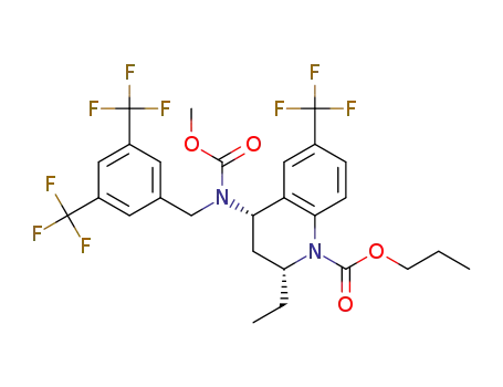 Molecular Structure of 262352-19-2 (1(2H)-Quinolinecarboxylic acid,
4-[[[3,5-bis(trifluoromethyl)phenyl]methyl](methoxycarbonyl)amino]-2-eth
yl-3,4-dihydro-6-(trifluoromethyl)-, propyl ester, (2R,4S)-)