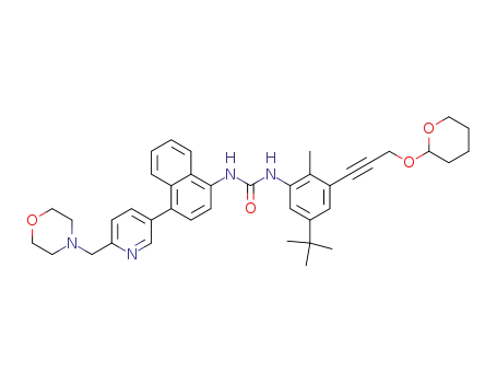 Molecular Structure of 294850-15-0 (Urea,
N-[5-(1,1-dimethylethyl)-2-methyl-3-[3-[(tetrahydro-2H-pyran-2-yl)oxy]-1-
propynyl]phenyl]-N'-[4-[6-(4-morpholinylmethyl)-3-pyridinyl]-1-naphthalen
yl]-)