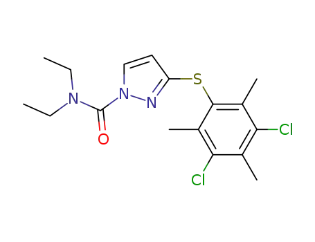 Molecular Structure of 143534-72-9 (1H-Pyrazole-1-carboxamide,
3-[(3,5-dichloro-2,4,6-trimethylphenyl)thio]-N,N-diethyl-)
