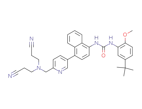 Molecular Structure of 294851-22-2 (Urea,
N-[4-[6-[[bis(2-cyanoethyl)amino]methyl]-3-pyridinyl]-1-naphthalenyl]-N'-[
5-(1,1-dimethylethyl)-2-methoxyphenyl]-)