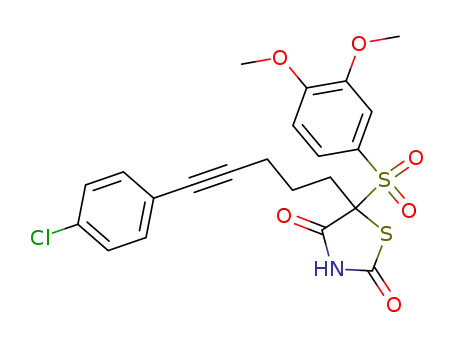Molecular Structure of 500710-83-8 (2,4-Thiazolidinedione,
5-[5-(4-chlorophenyl)-4-pentynyl]-5-[(3,4-dimethoxyphenyl)sulfonyl]-)