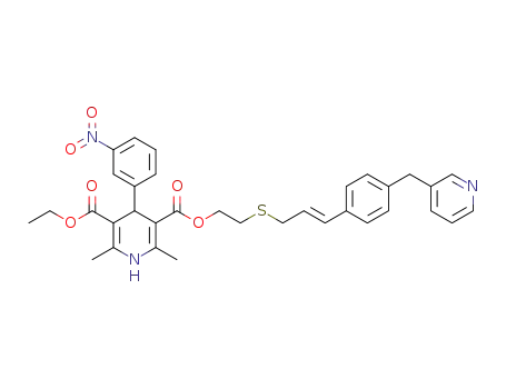 Molecular Structure of 103520-37-2 (3,5-Pyridinedicarboxylic acid,
1,4-dihydro-2,6-dimethyl-4-(3-nitrophenyl)-, ethyl
2-[[3-[4-(3-pyridinylmethyl)phenyl]-2-propenyl]thio]ethyl ester, (E)-)