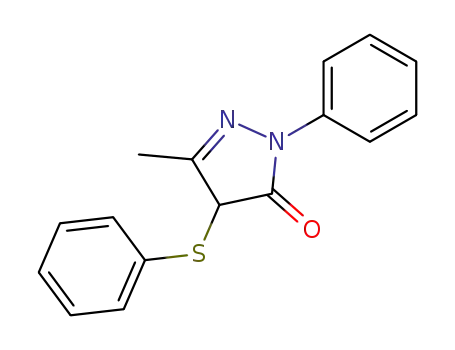 Molecular Structure of 33321-44-7 (3H-Pyrazol-3-one, 2,4-dihydro-5-methyl-2-phenyl-4-(phenylthio)-)