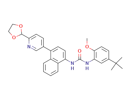 Molecular Structure of 294850-39-8 (Urea,
N-[5-(1,1-dimethylethyl)-2-methoxyphenyl]-N'-[4-[6-(1,3-dioxolan-2-yl)-3-
pyridinyl]-1-naphthalenyl]-)