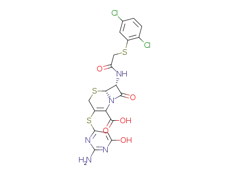 Molecular Structure of 389880-34-6 (5-Thia-1-azabicyclo[4.2.0]oct-2-ene-2-carboxylic acid,
3-[(2-amino-1,6-dihydro-6-oxo-4-pyrimidinyl)thio]-7-[[[(2,5-dichlorophen
yl)thio]acetyl]amino]-8-oxo-, (6R,7R)-)